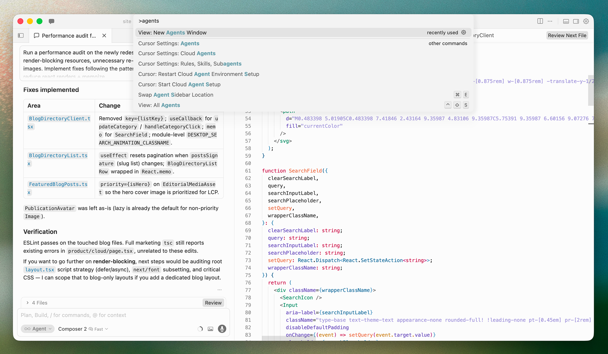 Command Palette showing the Open Agents Window command