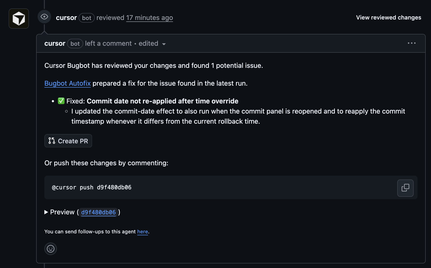 Bugbot Autofix comment on a PR