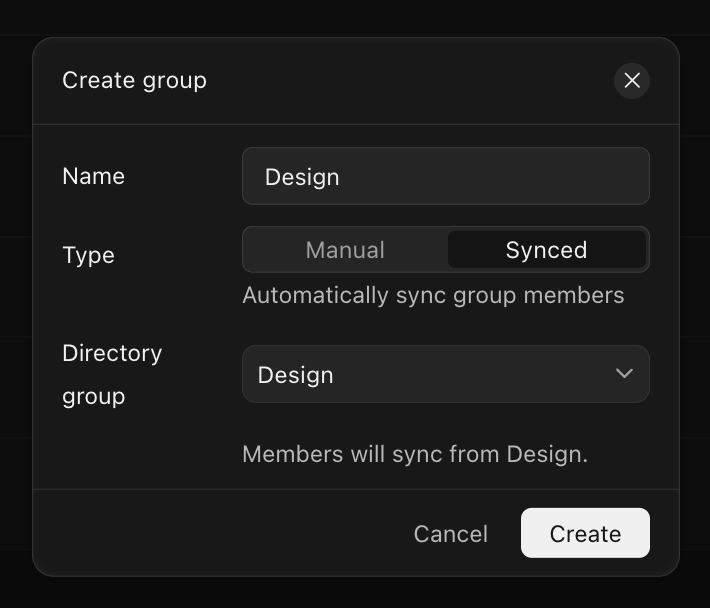 Create group dialog with Type set to Synced and a directory group selected