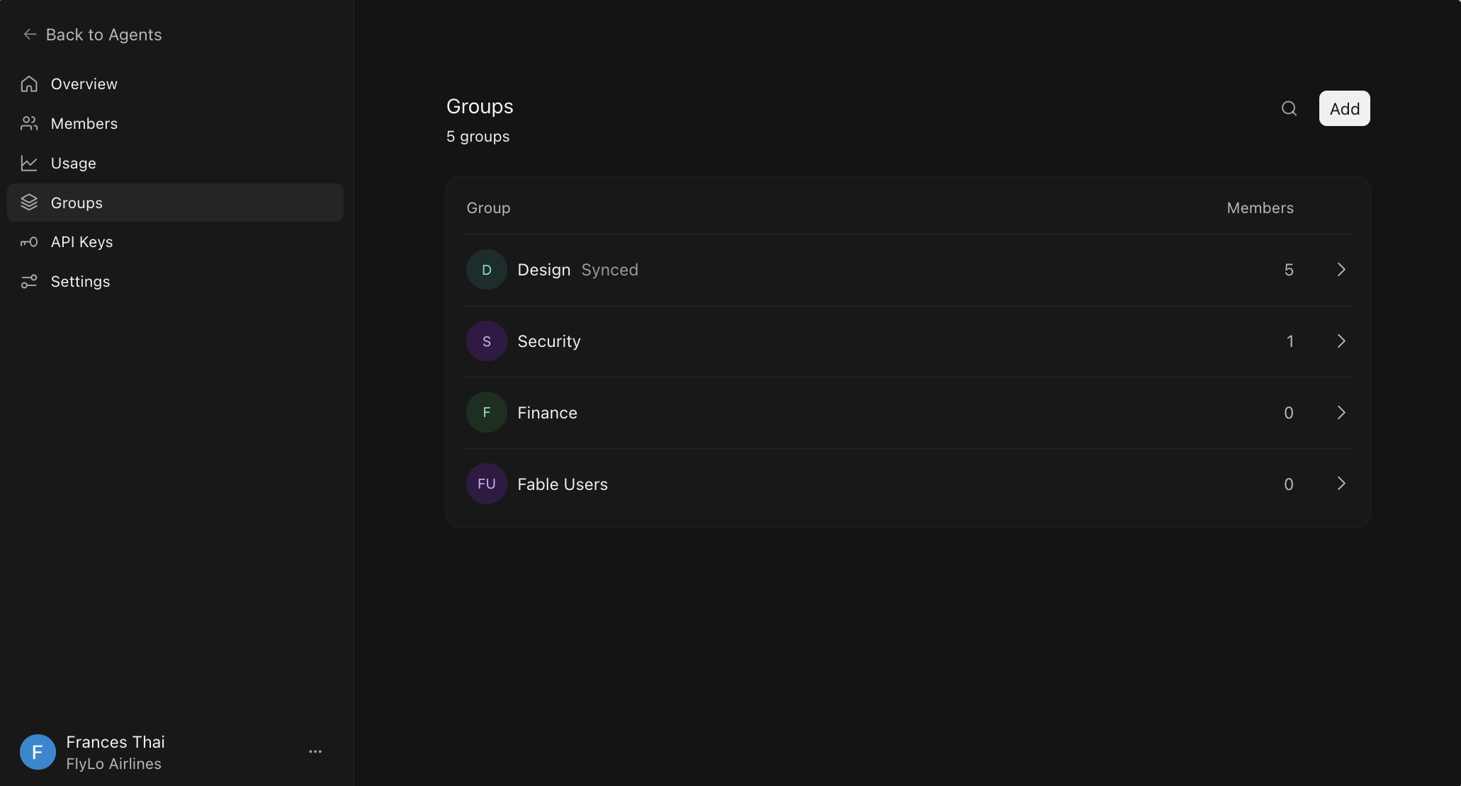 Groups page in the Organization dashboard showing the group list and Add button