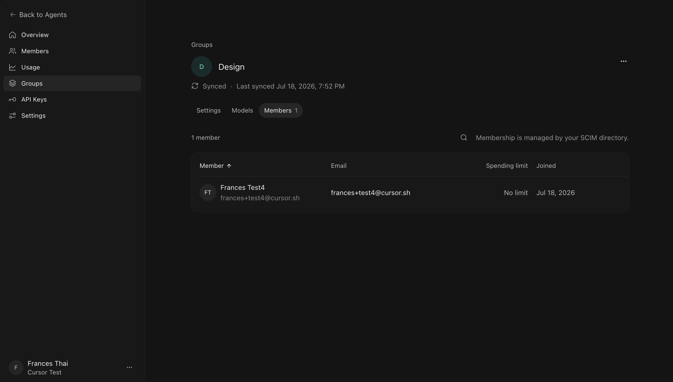 Members tab of a SCIM-synced group showing the read-only synced member list