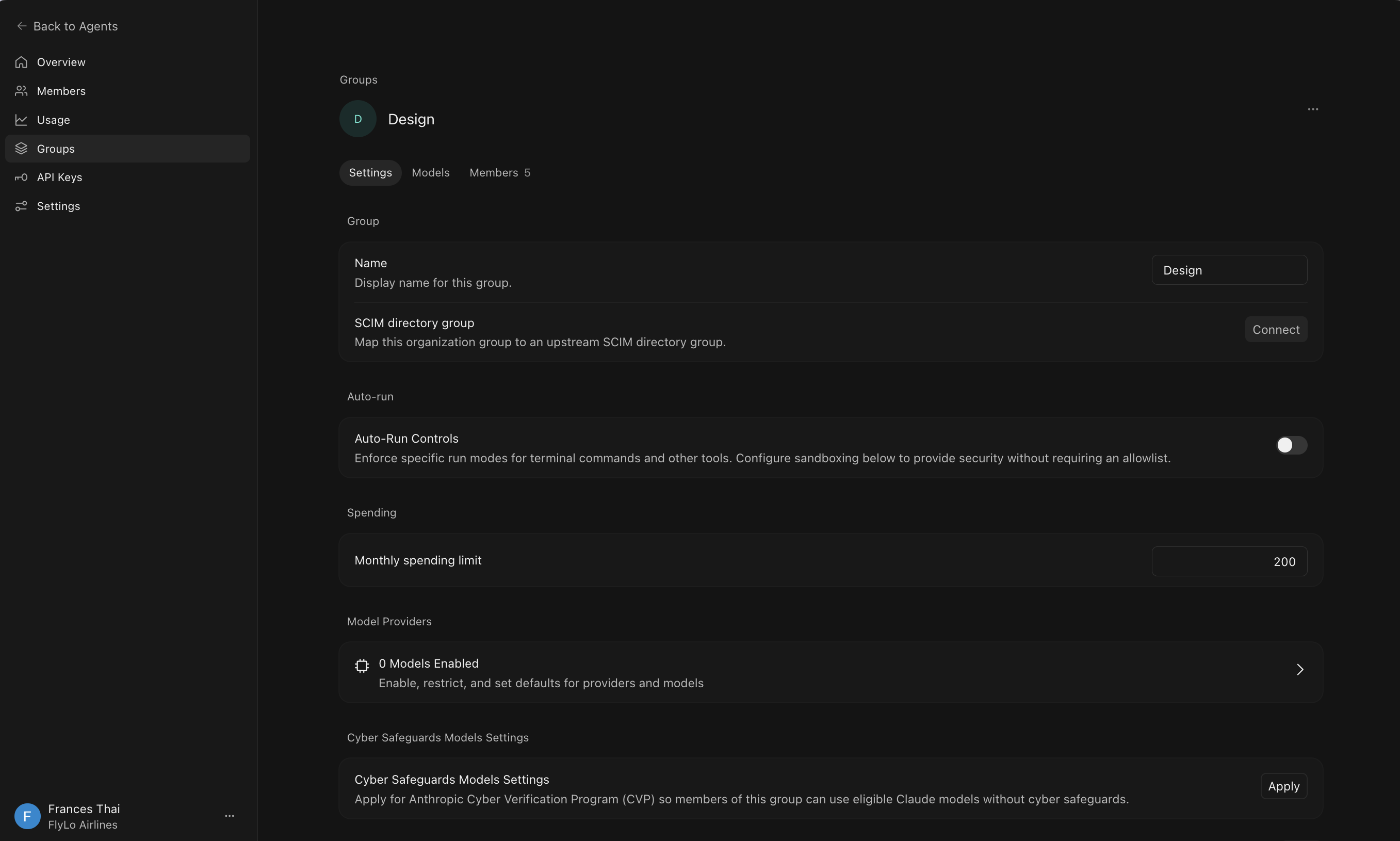 Group settings page with SCIM directory group connection, Auto-Run Controls, monthly spending limit, and model providers