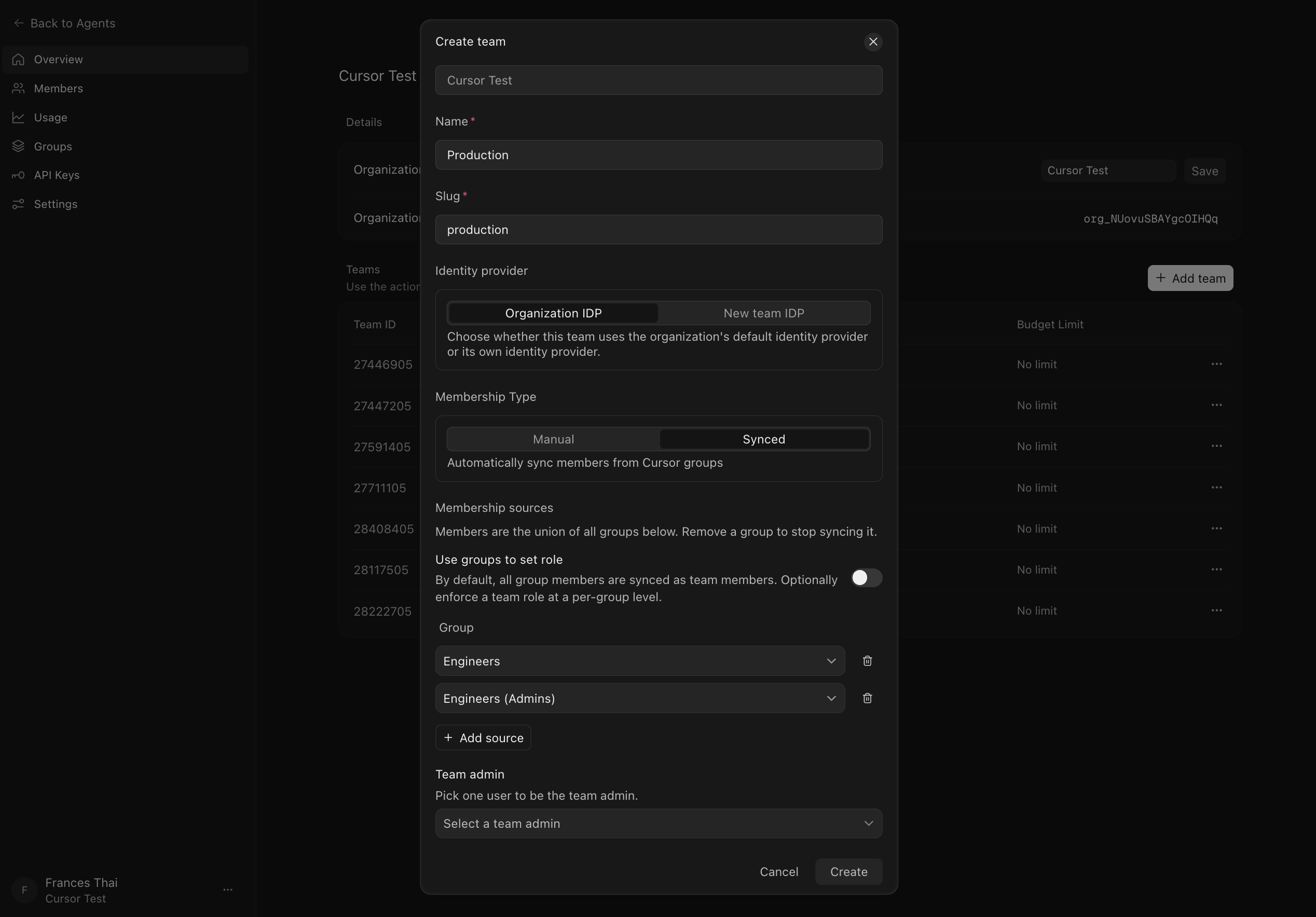 Create team dialog with Membership Type set to Synced and two groups added as membership sources