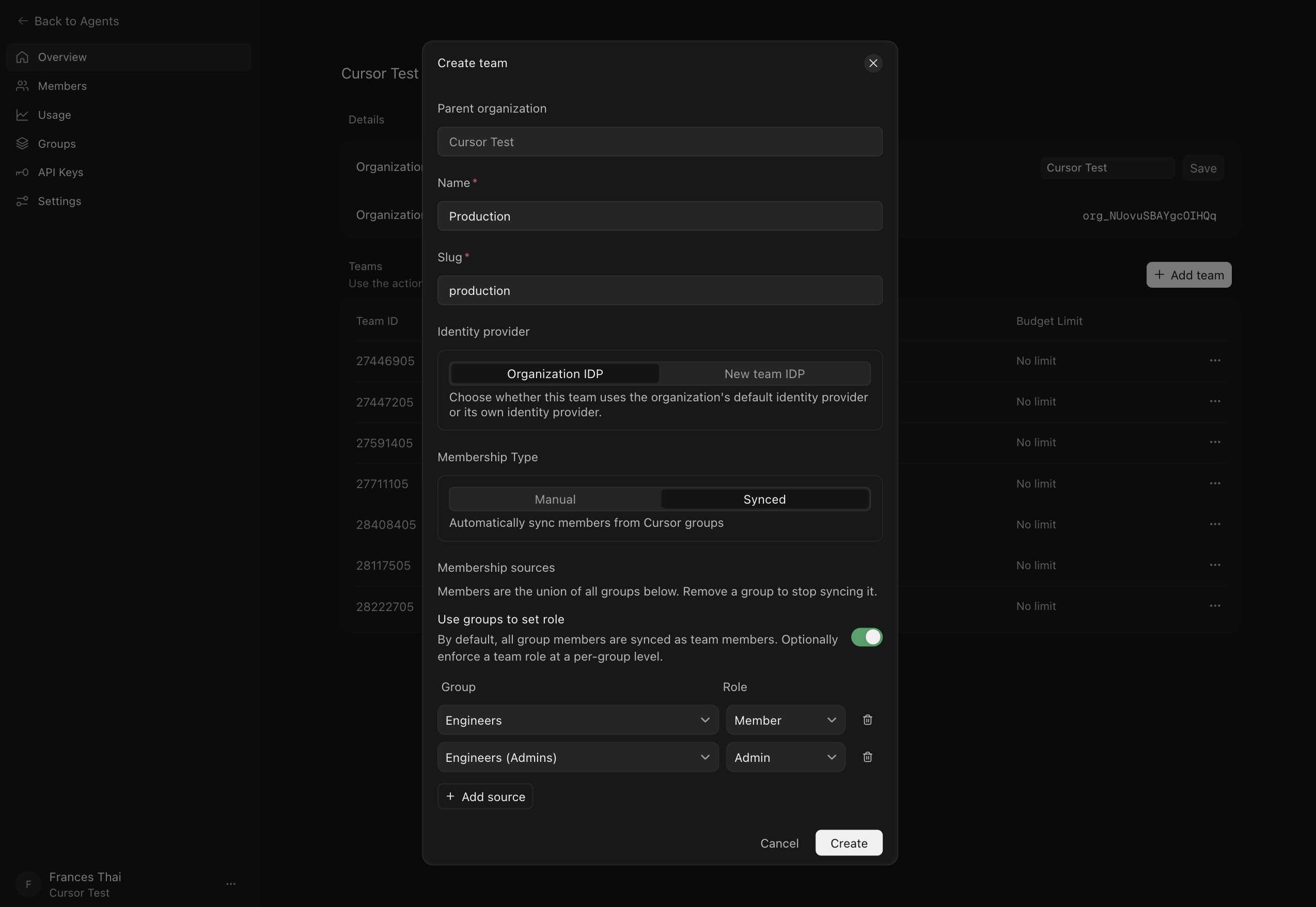 Create team dialog with Use groups to set role enabled and Member and Admin roles chosen per group