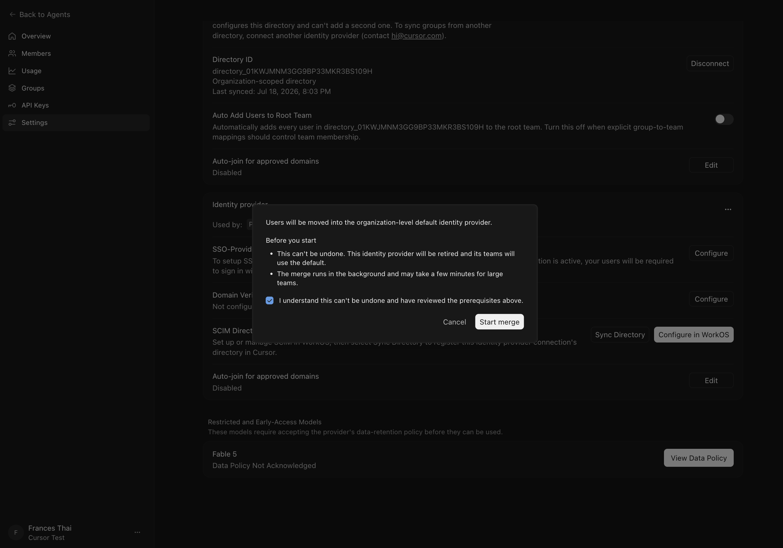 Confirmation dialog for merging a team identity provider into the organization default