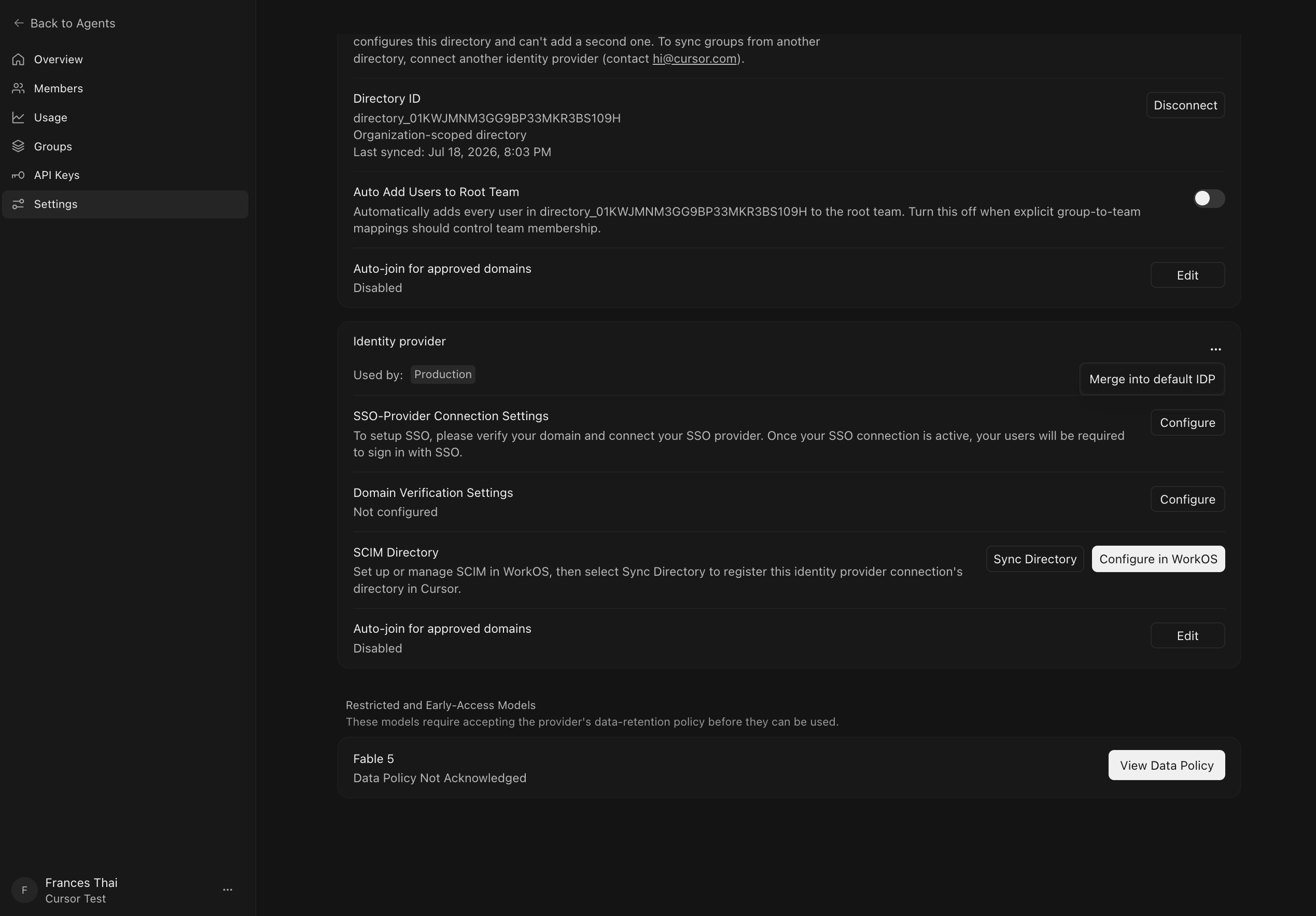 Organization settings showing a team identity provider with the Merge into default IDP button