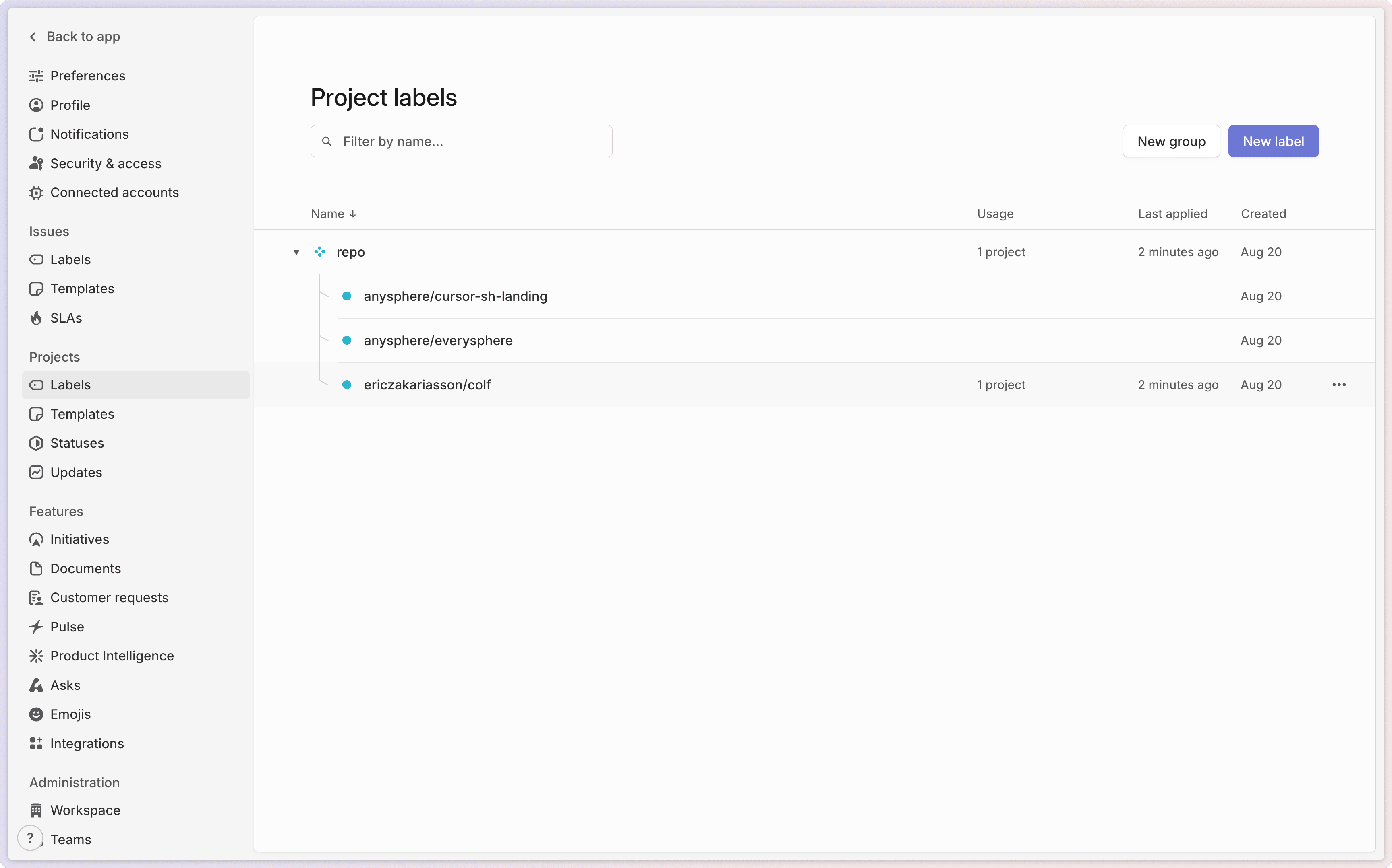 Configuring repository labels in Linear