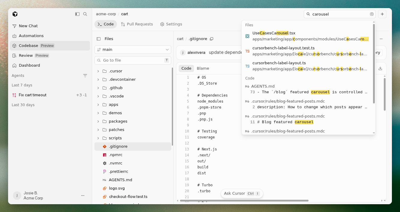 Origin repository search for files and code