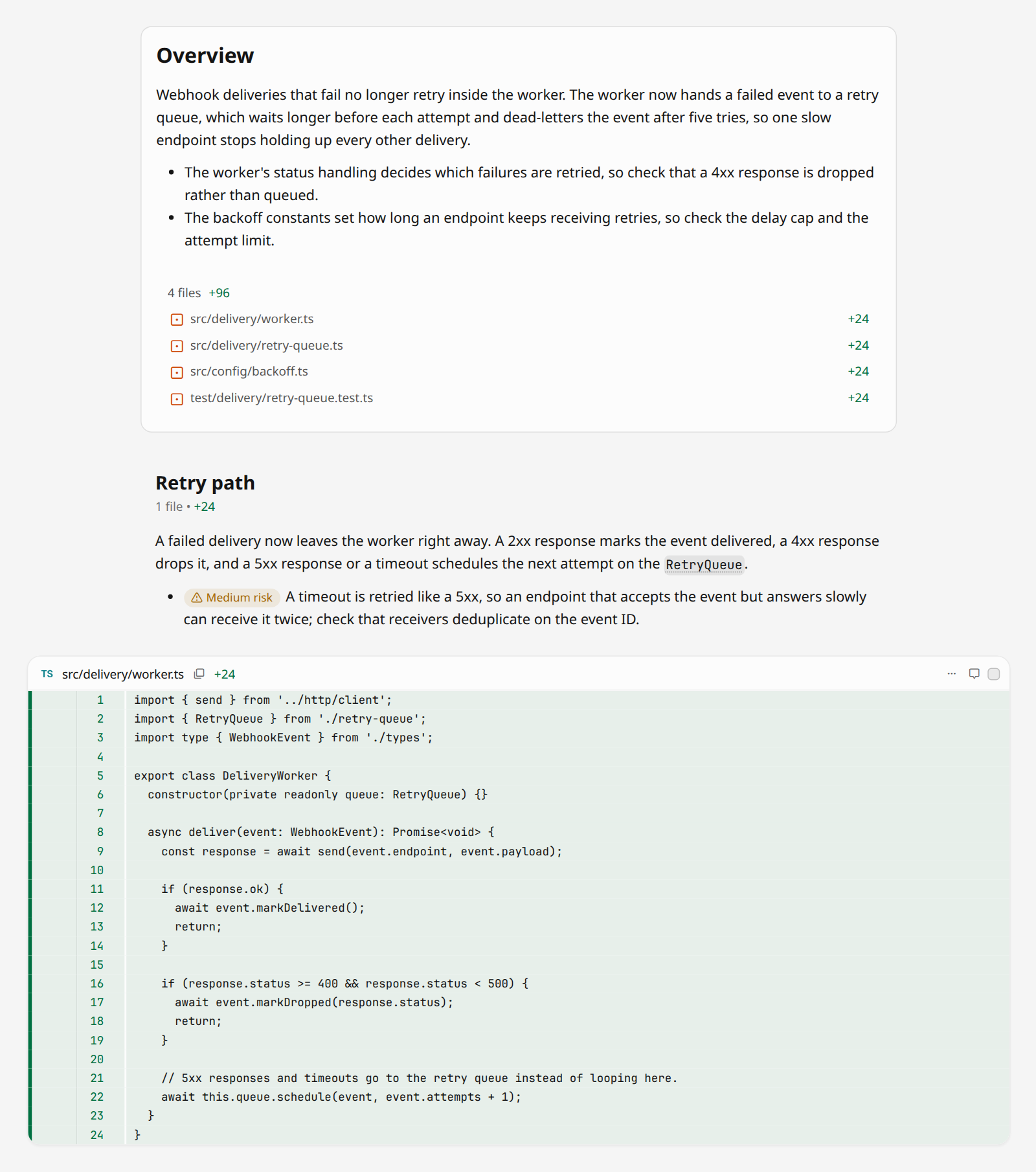 A Code Tour of a webhook retry change: an overview, then the retry path with a timeout risk called out above its diff