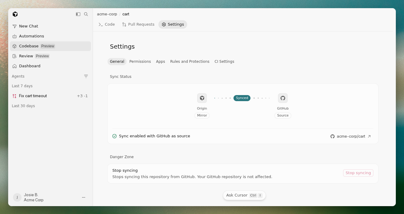 Origin repository Settings Permissions tab
