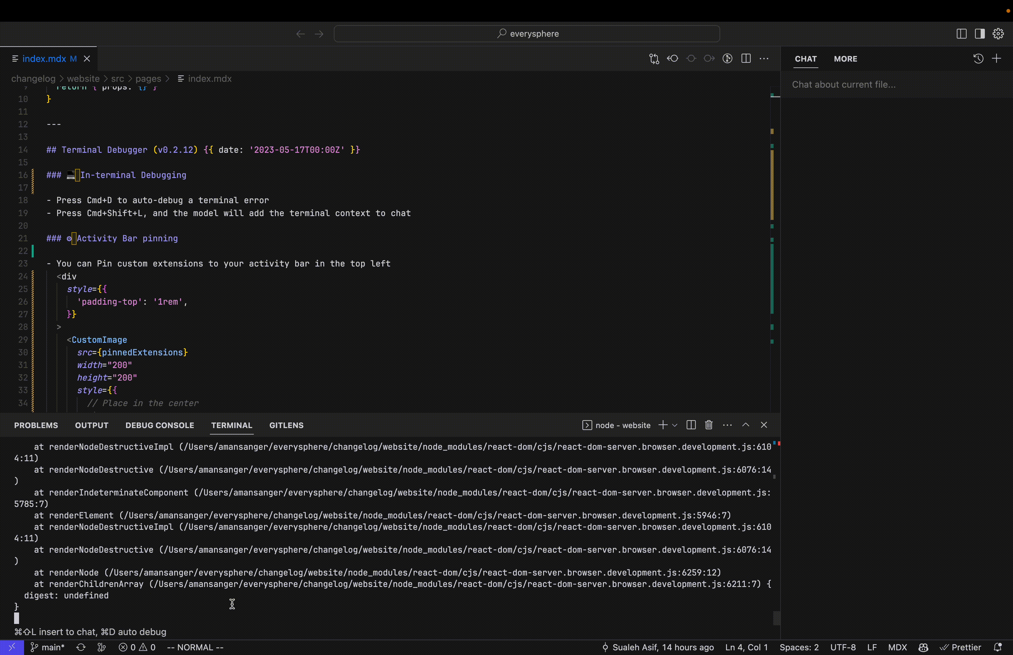 A screenshot of the Cursor code editor shows an .mdx file (index.mdx) open with markdown and JSX content. The file includes changelog updates for the "Terminal Debugger (v0.2.12)" and "Activity Bar pinning" features. JSX code displays a CustomImage component with inline styles. Below the code editor, a terminal panel is open with multiple error traces from react-dom files, indicating rendering issues in the project. The file is in "NORMAL" mode, suggesting the use of a Vim extension. The right panel contains a collapsed chat section labeled "Chat about current file…".