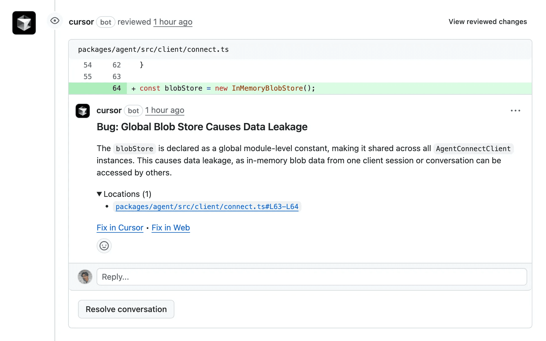 Bugbot 偵測到的問題會直接在 PR 中對應位置留下評論