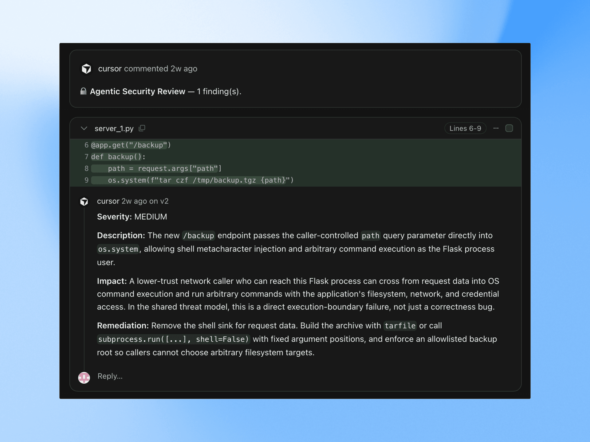 Security Review comment on a pull request reporting an exploitable bug with a severity and proposed fix