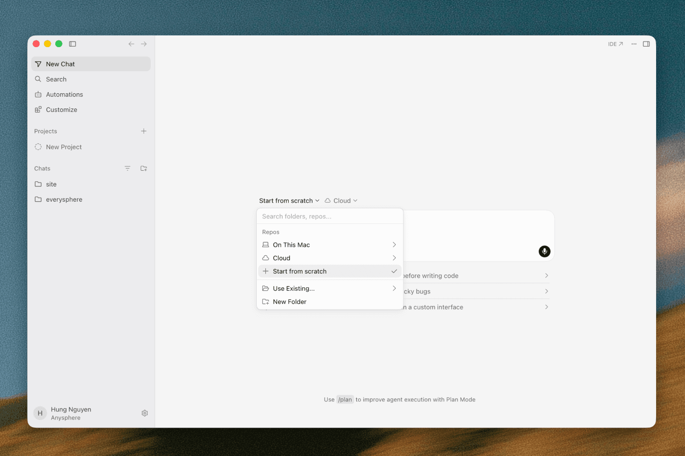 Start from scratch in the repo picker